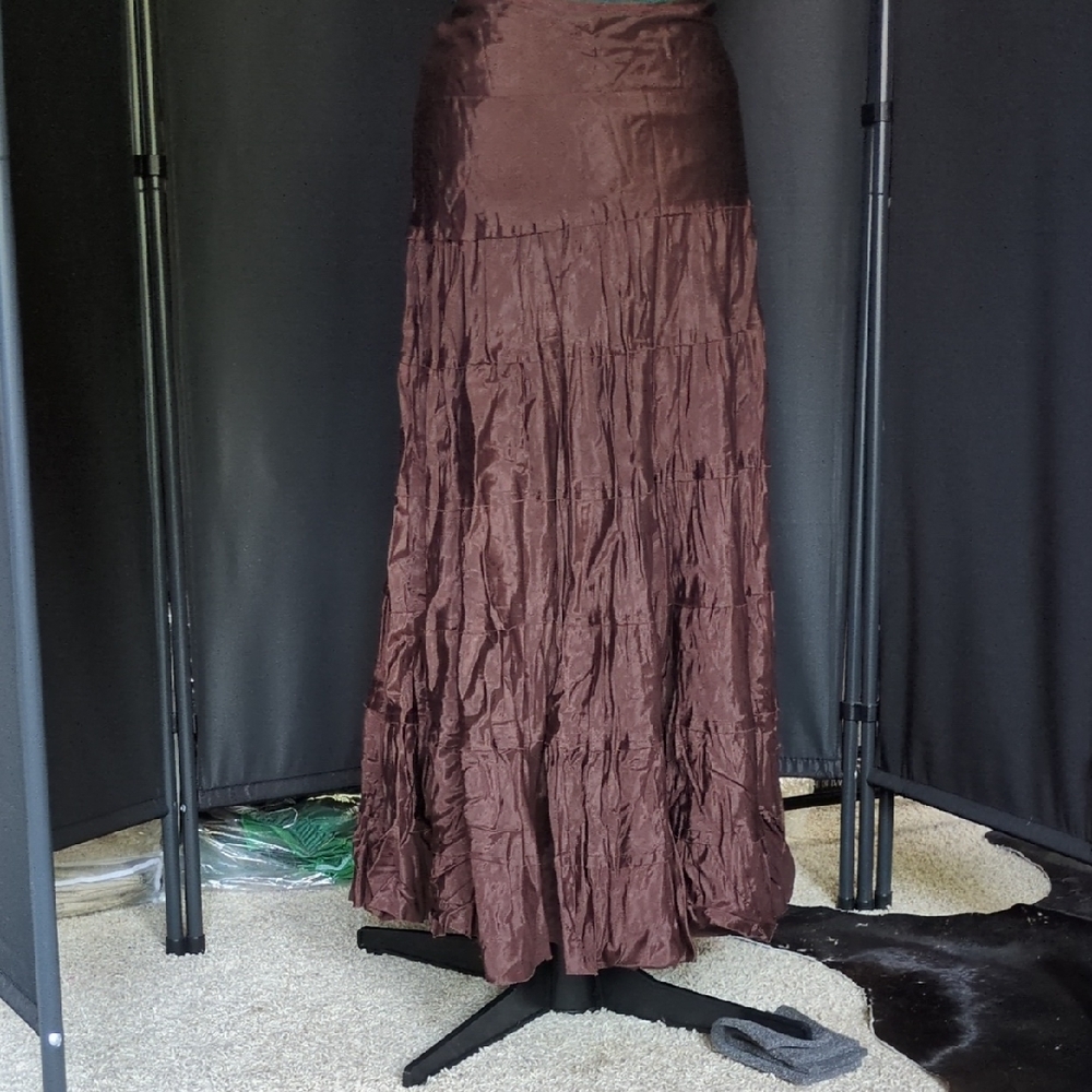 Brown Ruched A-Line Maxi Skirt for Casual Wear
